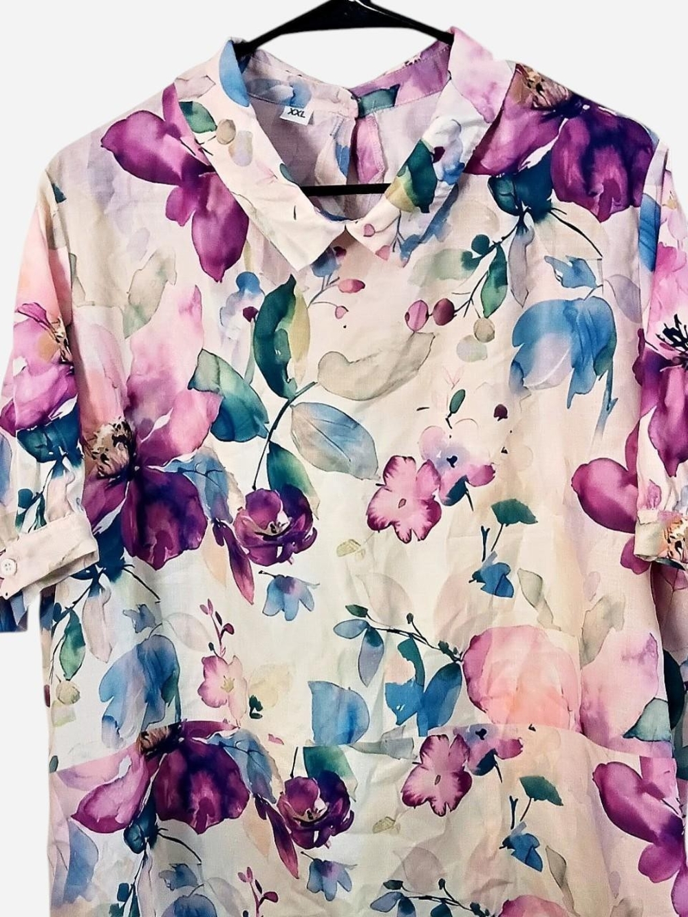 Watercolor Floral Collared Blouse - Purple Pink Blue